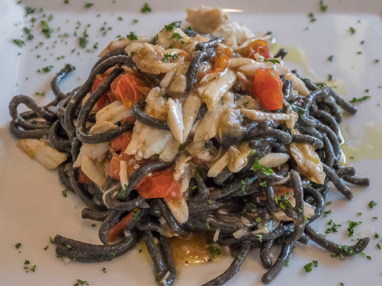 squid ink spaghetti with crab at La Tavola in Little Italy Baltimore Maryland