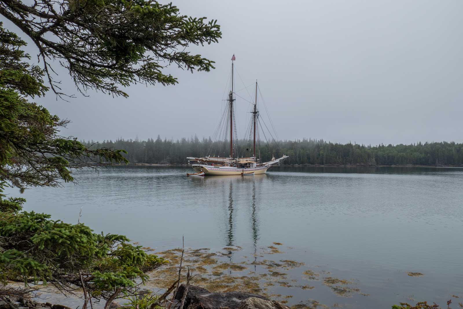 Shot of the Schooner Heritage from one of Maine's 2,000 islands